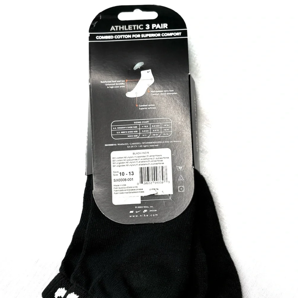 Nike Black Low Cut Athletic Socks 3 Pair Comfort Cotton Cushioned Size 6.5-12